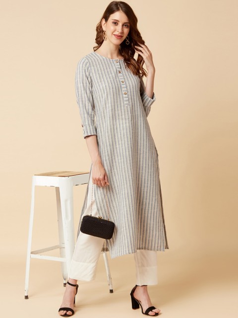 

KSUT Women Blue Striped Gotta Patti Handloom Kurta