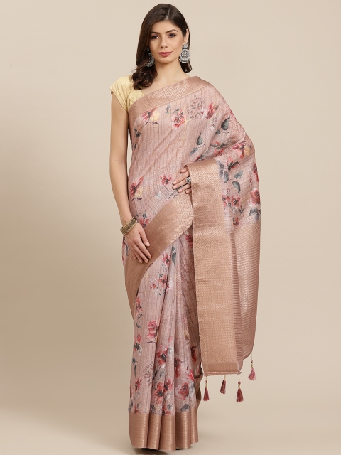 

PACHE Dusty Pink & Green Floral Print Zari Art Silk Saree, Rose