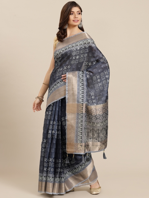 

PACHE Blue & White Abstract Print Zari Art Silk Saree