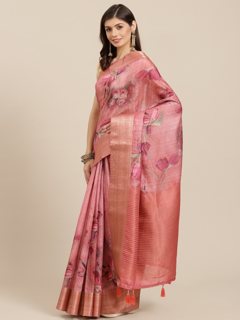 

PACHE Peach-Coloured & Green Floral Print Zari Art Silk Saree