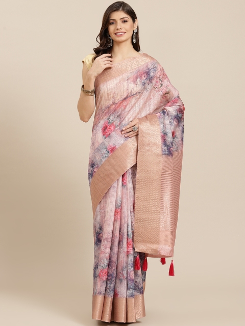 

PACHE Blue & Pink Floral Print Zari Art Silk Saree