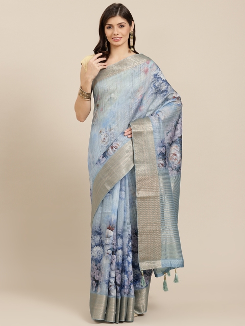 

PACHE Blue & White Floral Print Zari Art Silk Saree