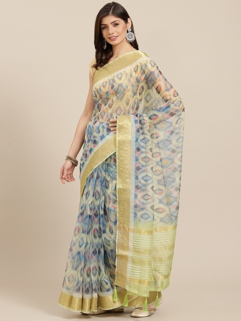 

PACHE Cream-Coloured & Blue Abstract Print Zari Organza Saree
