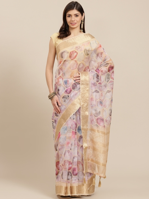 

PACHE Beige & Pink Abstract Print Zari Organza Saree