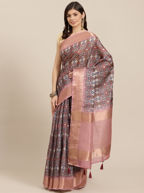 

PACHE Pink & Blue Abstract Print Zari Art Silk Saree