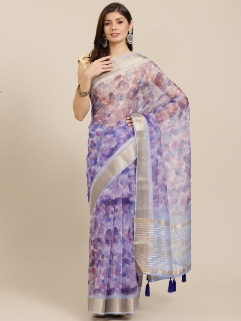 

PACHE Purple & Blue Abstract Print Zari Organza Saree