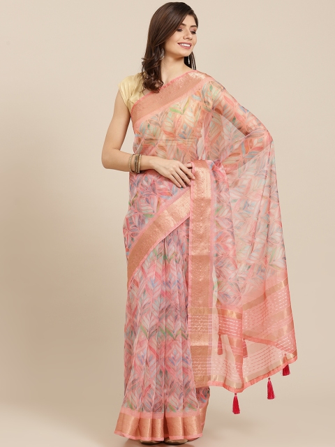 

PACHE Coral Pink & Blue Abstract Print Zari Organza Saree
