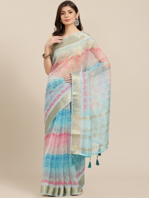 

PACHE Blue & Pink Geometric Print Zari Organza Saree