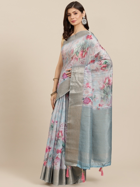 

PACHE Sea Green & Pink Floral Print Zari Art Silk Saree