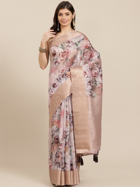 

PACHE Off White & Maroon Floral Print Zari Art Silk Saree