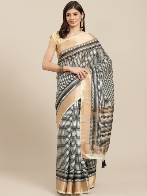 

PACHE Olive Green & White Checked Zari Art Silk Saree