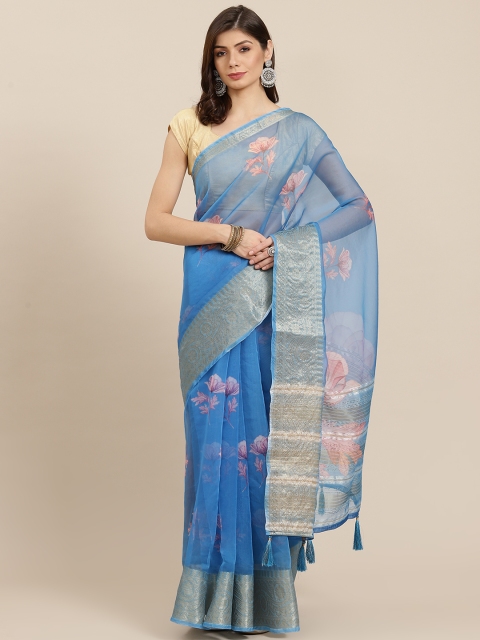 

PACHE Blue & Pink Floral Print Zari Organza Saree