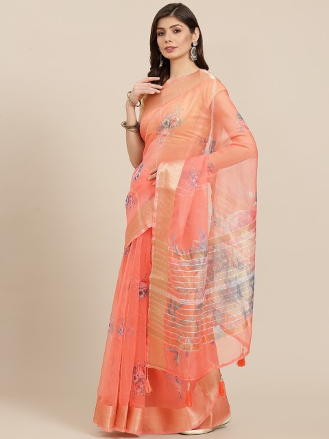 

PACHE Coral & Blue Floral Print Zari Organza Saree