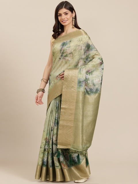 

PACHE Green & Blue Floral Print Zari Art Silk Saree
