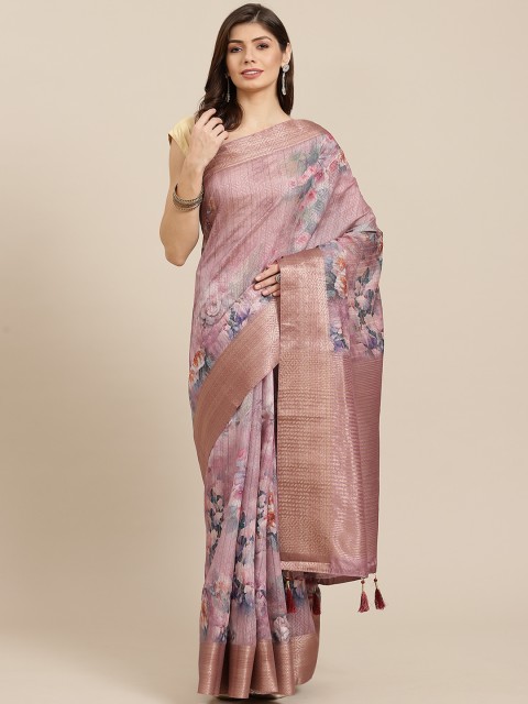 

PACHE Purple & White Floral Print Zari Art Silk Saree
