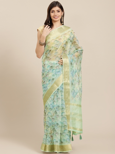 

PACHE Green & Blue Abstract Print Zari Organza Saree