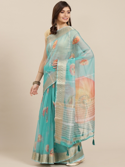 

PACHE Blue & Orange Floral Print Zari Organza Saree