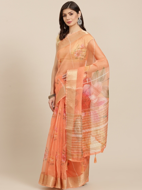 

PACHE Orange & Pink Floral Print Zari Organza Saree
