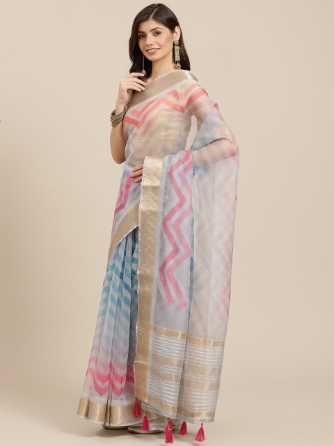 

PACHE Grey & Pink Geometric Print Zari Organza Saree