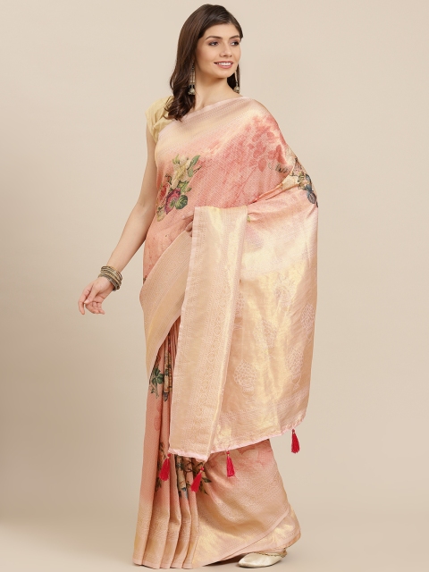 

PACHE Peach-Coloured & Green Floral Print Zari Art Silk Saree