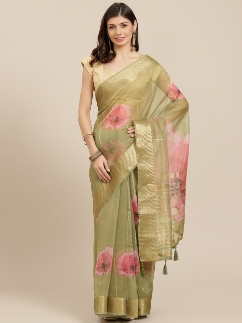 

PACHE Olive Green & Pink Floral Print Zari Organza Saree