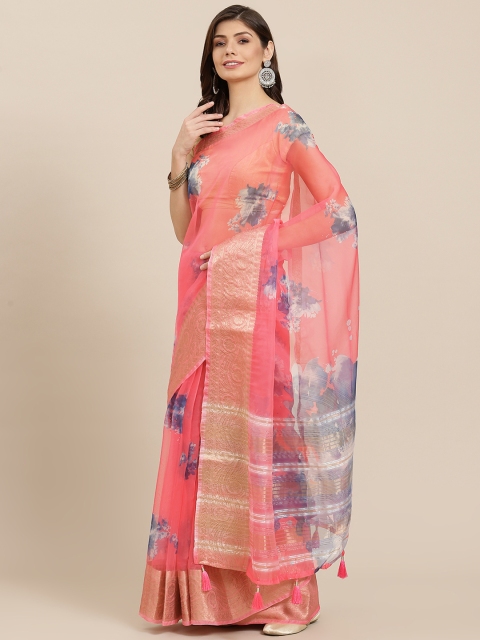 

PACHE Pink & Blue Floral Print Zari Organza Saree