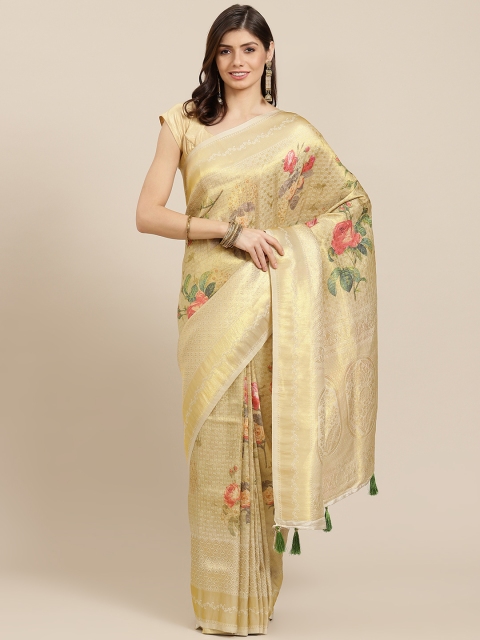 

PACHE Beige & Red Floral Print Zari Art Silk Saree