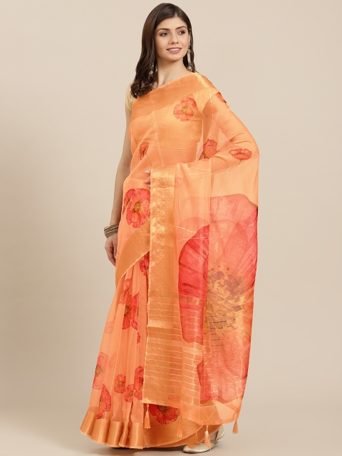 

PACHE Orange & Pink Floral Print Zari Organza Saree