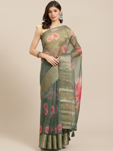 

PACHE Green & Pink Floral Print Zari Organza Saree