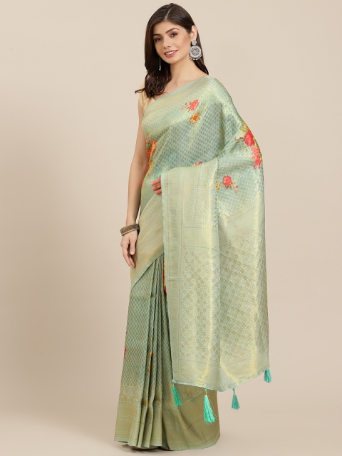 

PACHE Sea Green & Golden Floral Print Zari Art Silk Saree