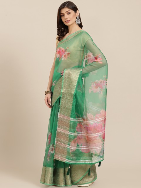 

PACHE Green & Pink Floral Print Zari Organza Saree