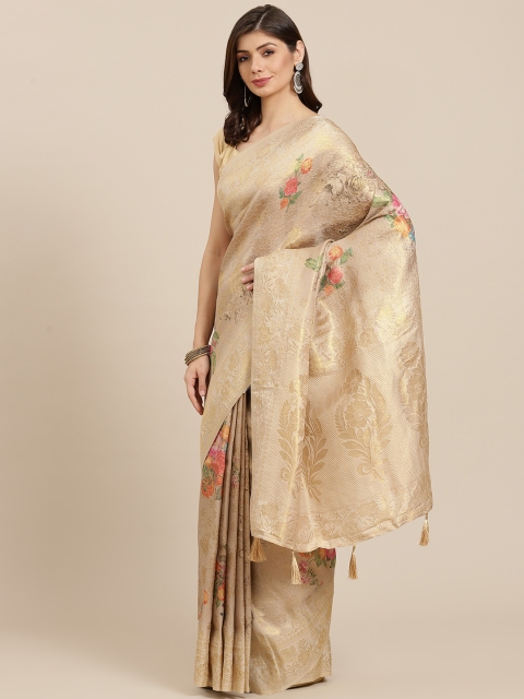 

PACHE Beige & Golden Floral Print Zari Art Silk Saree