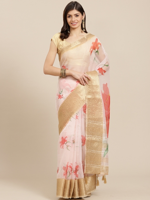 

PACHE Cream-Coloured & Pink Floral Print Zari Organza Saree