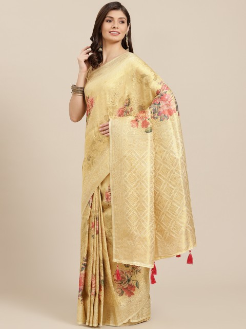 

PACHE Yellow & Pink Floral Print Zari Art Silk Saree