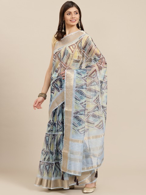 

PACHE Blue & Yellow Geometric Print Zari Organza Saree