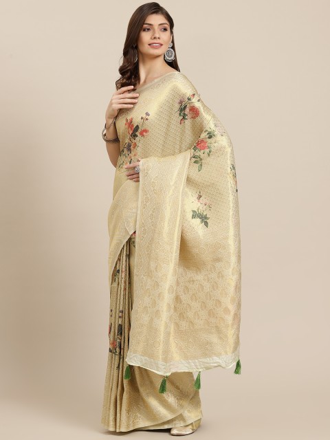 

PACHE Cream-Coloured & Golden Floral Print Zari Art Silk Saree