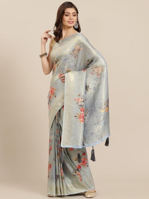 

PACHE Blue & Pink Floral Print Zari Art Silk Saree