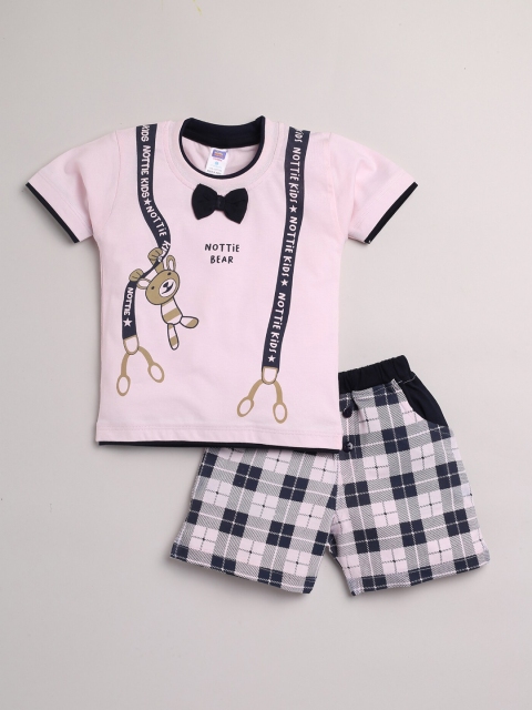 

Nottie Planet Boys Pink & navy Blue Printed Pure Cotton T-shirt With Shorts