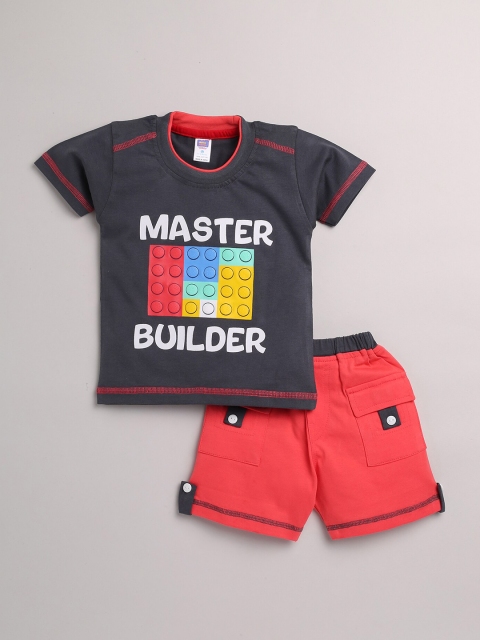 

Nottie Planet Boys Grey & Red Printed Pure CottonCo-Ord