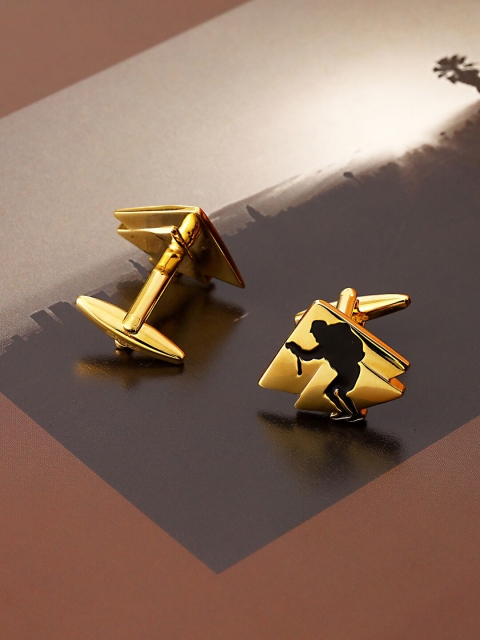 

shaze Gold-Toned & Black Enamelled Rhodium-Plated Quirky Cufflink