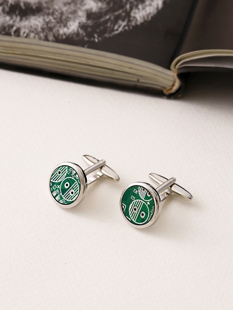 

shaze Silver-Toned & Green Enamelled Rhodium-Plated Cufflinks