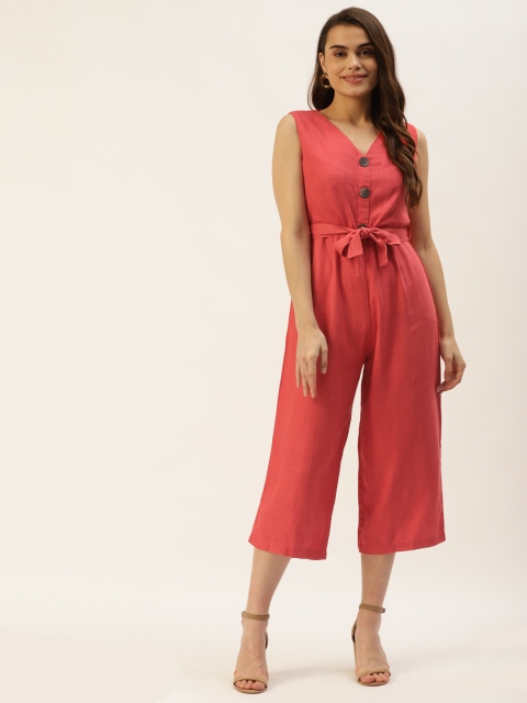 

Madame Women Coral Solid Basic Jumpsuit Comes With a Belt