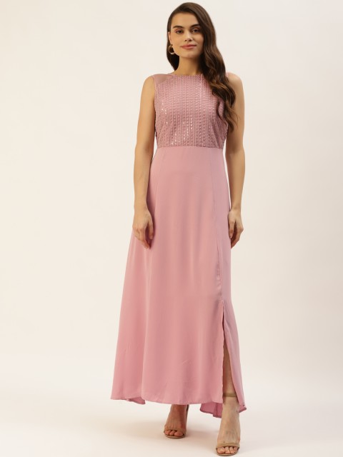 

Madame Women Pink Solid Maxi Dress With Embroidered Detail