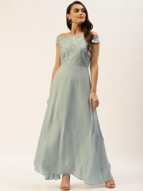 

Madame Women Green Off-Shoulder Embroidered Maxi Dress