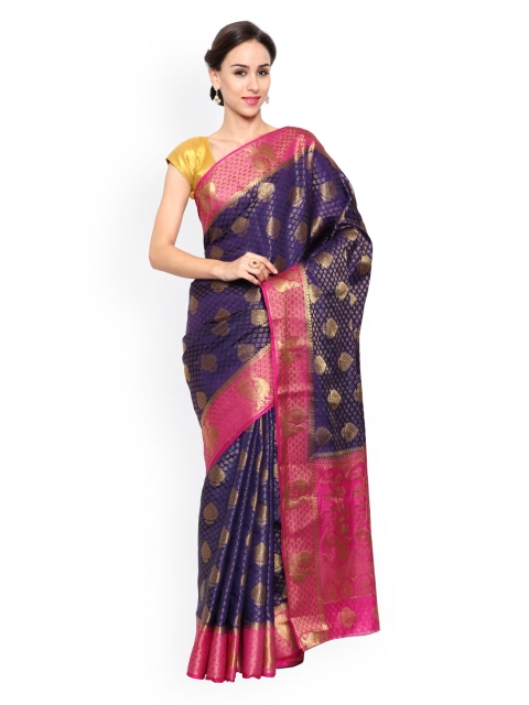 

MIMOSA Navy & Pink Kanjeevaram Art Silk Traditional Saree, Navy blue