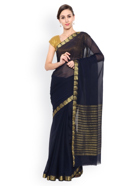 

MIMOSA Navy Chiffon & Kanjeevaram Art Silk Traditional Saree, Navy blue