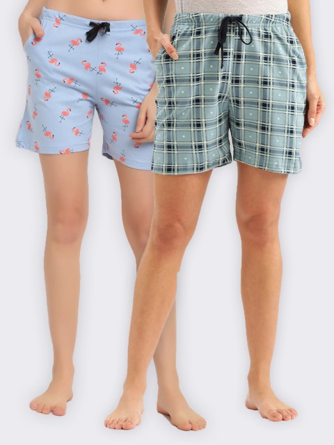 

Kanvin Women Blue & Teal Set Of 2 Printed Cotton Lounge Shorts