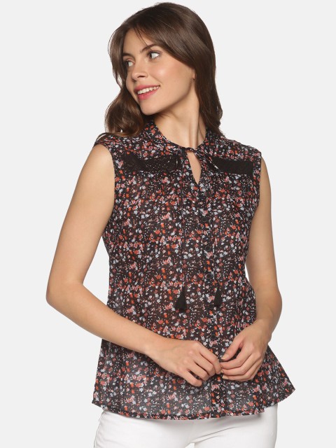 

Saffron Threads Women Black & Red Floral Print Tie-Up Neck Cotton Regular Top