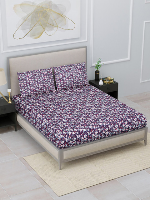 

Home Fresh Purple & White Floral Printed 144 TC Cotton King Bedsheet With 2 Pillow Covers