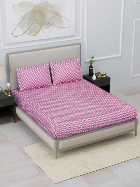 

Home Fresh Pink & White Geometric 144 TC King Bedsheet with 2 Pillow Covers